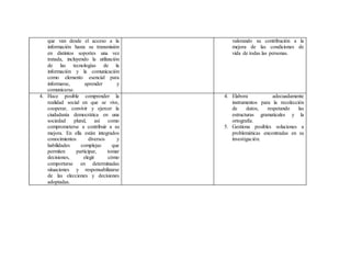 que van desde el acceso a la
información hasta su transmisión
en distintos soportes una vez
tratada, incluyendo la utilización
de las tecnologías de la
información y la comunicación
como elemento esencial para
informarse, aprender y
comunicarse.
valorando su contribución a la
mejora de las condiciones de
vida de todas las personas.
4. Hace posible comprender la
realidad social en que se vive,
cooperar, convivir y ejercer la
ciudadanía democrática en una
sociedad plural, así como
comprometerse a contribuir a su
mejora. En ella están integrados
conocimientos diversos y
habilidades complejas que
permiten participar, tomar
decisiones, elegir cómo
comportarse en determinadas
situaciones y responsabilizarse
de las elecciones y decisiones
adoptadas.
4. Elabora adecuadamente
instrumentos para la recolección
de datos, respetando las
estructuras gramaticales y la
ortografía.
5. Gestiona posibles soluciones a
problemáticas encontradas en su
investigación.
 