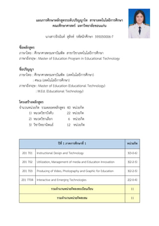แผนการศึกษาหลักสูตรระดับปริญญาโท สาขาเทคโนโลยีการศึกษา
คณะศึกษาศาสตร์ มหาวิทยาลัยขอนแก่น
นางสาวจีรนันท์ สุสิงห์ รหัสนักศึกษา 595050006-7
ชื่อหลักสูตร
ภาษาไทย : ศึกษาศาสตรมหาบัณฑิต สาขาวิชาเทคโนโลยีการศึกษา
ภาษาอังกฤษ : Master of Education Program in Educational Technology
ชื่อปริญญา
ภาษาไทย : ศึกษาศาสตรมหาบัณฑิต (เทคโนโลยีการศึกษา)
: ศษ.ม (เทคโนโลยีการศึกษา)
ภาษาอังกฤษ : Master of Education (Educational Technology)
: M.Ed. (Educational Technology)
โครงสร้างหลักสูตร
จานวนหน่วยกิต รวมตลอดหลักสูตร 40 หน่วยกิต
1) หมวดวิชาบังคับ 22 หน่วยกิต
2) หมวดวิชาเลือก 6 หน่วยกิต
3) วิชาวิทยานิพนธ์ 12 หน่วยกิต
ปีที่ 1 ภาคการศึกษาที่ 1 หน่วยกิต
201 701 Instructional Design and Technology 3(3-0-6)
201 702 Utilization, Management of media and Education Innovation 3(2-2-5)
201 703 Producing of Video, Photography and Graphic for Education 3(2-2-5)
201 7704 Interactive and Emerging Technologies 2(2-0-4)
รวมจานวนหน่วยกิตลงทะเบียนเรียน 11
รวมจานวนหน่วยกิตสะสม 11
 