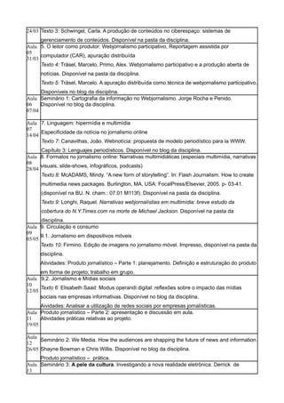 24/03 Texto 3: Schwingel, Carla. A produção de conteúdos no ciberespaço: sistemas de
      gerenciamento de conteúdos. Disponível na pasta da disciplina.
Aula 5. O leitor como produtor: Webjornalismo participativo, Reportagem assistida por
05
      computador (CAR), apuração distribuída
31/03
      Texto 4: Träsel, Marcelo, Primo, Alex. Webjornalismo participativo e a produção aberta de
      notícias. Disponível na pasta da disciplina.
      Texto 5: Träsel, Marcelo. A apuração distribuída como técnica de webjornalismo participativo.
      Disponíveis no blog da disciplina.
Aula Seminário 1: Cartografia da informação no Webjornalismo. Jorge Rocha e Penido.
06    Disponível no blog da disciplina.
07/04

Aula 7. Linguagem: hipermídia e multimídia
07
      Especificidade da notícia no jornalismo online
14/04
      Texto 7: Canavilhas, João. Webnotícia: propuesta de modelo periodístico para la WWW.
      Capítulo 3: Lenguajes periodísticos. Disponível no blog da disciplina.
Aula 8. Formatos no jornalismo online: Narrativas multimidiáticas (especiais multimídia, narrativas
08
      visuais, slide-shows, infográficos, podcasts)
28/04
      Texto 8: McADAMS, Mindy. “A new form of storytelling”. In: Flash Journalism. How to create
      multimedia news packages. Burlington, MA, USA: FocalPress/Elsevier, 2005. p- 03-41.
      (disponível na BU. N. cham.: 07.01 M113f). Disponível na pasta da disciplina.
      Texto 9: Longhi, Raquel. Narrativas webjornalístias em multimídia: breve estudo da
      cobertura do N.Y.Times.com na morte de Michael Jackson. Disponível na pasta da
      disciplina.
Aula 9. Circulação e consumo
09
      9.1. Jornalismo em dispositivos móveis
05/05
      Texto 10: Firmino. Edição de imagens no jornalismo móvel. Impresso, disponível na pasta da
      disciplina.
      Atividades: Produto jornalístico – Parte 1: planejamento. Definição e estruturação do produto
      em forma de projeto; trabalho em grupo.
Aula 9.2. Jornalismo e Mídias sociais
10
      Texto 6: Elisabeth Saad: Modus operandi digital: reflexões sobre o impacto das mídias
12/05
      sociais nas empresas informativas. Disponível no blog da disciplina.
      Aividades: Analisar a utilização de redes sociais por empresas jornalísticas.
Aula Produto jornalístico – Parte 2: apresentação e discussão em aula.
11    Atividades práticas relativas ao projeto.
19/05

Aula
      Seminário 2: We Media. How the audiences are shapping the future of news and information.
12
26/05 Shayne Bowman e Chris Willis. Disponível no blog da disciplina.
     Produto jornalístico – prática.
Aula Seminário 3: A pele da cultura. Investigando a nova realidade eletrônica. Derrick de
13
 