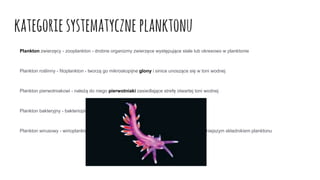 kategoriesystematyczne planktonu
Plankton zwierzęcy - zooplankton - drobne organizmy zwierzęce występujące stale lub okresowo w planktonie
Plankton roślinny - fitoplankton - tworzą go mikroskopijne glony i sinice unoszące się w toni wodnej
Plankton pierwotniakowi - należą do niego pierwotniaki zasiedlające strefę otwartej toni wodnej
Plankton bakteryjny - bakterioplankton - tworzą go bakterie unoszące się w toni wodnej
Plankton wirusowy - wirioplankton - są to wirusy zawieszone w toni wodnej, które SA najmniejszym składnikiem planktonu
 