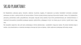 skladplanktonu:
Do fitoplanktonu zaliczamy glony: okrzemki, zielenice, bruzdnice, eugleny. W większości są bardzo niewielkich rozmiarów, ponieważ
zbudowane są tylko z jednej komórki lub tworzą kolonie. Pomimo prostej budowy przyjmują różnorodne kształty i barwy. Do zooplanktonu
zaliczamy: pierwotniaki, wrotki, parzydełkowce, skorupiaki, mięczaki, larwy owadów. Są to formy jednokomórkowe, jak i wielokomórkowe. U
niektórych skorupiaków (rozwielitka) występuje zjawisko cyklomorfozy, polegające na tym, że zmienia się ich rozmiar i kształt ciała w ciągu
roku.
Nie wszystkie organizmy cały cykl życia przebywają w formie planktonowej – przykładem mogą być owady. W postaci larwalnej żyją w
wodzie, a po przeobrażeniu w osobnika dorosłego zmieniają tryb życia na lądowy, a tylko częściowo przebywają nad wodą, żerując.
 
