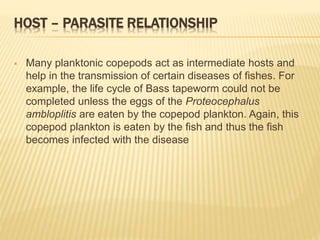 HOST – PARASITE RELATIONSHIP
 Many planktonic copepods act as intermediate hosts and
help in the transmission of certain diseases of fishes. For
example, the life cycle of Bass tapeworm could not be
completed unless the eggs of the Proteocephalus
ambloplitis are eaten by the copepod plankton. Again, this
copepod plankton is eaten by the fish and thus the fish
becomes infected with the disease
 