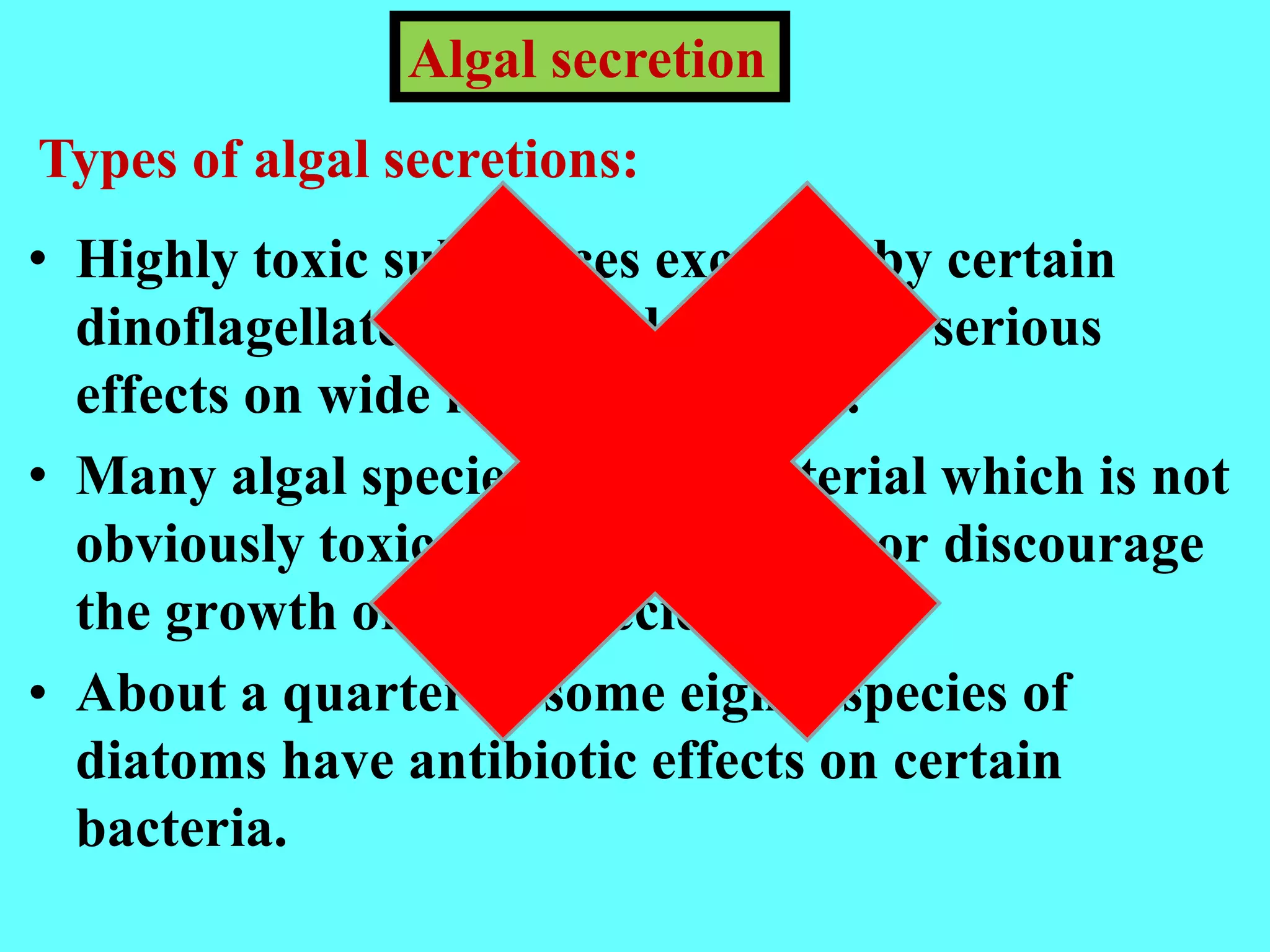 • Highly toxic substances excreted by certain
dinoflagellates at red tide and have serious
effects on wide range of animals.
• Many algal species release material which is not
obviously toxic, but can promote or discourage
the growth of other species.
• About a quarter of some eighty species of
diatoms have antibiotic effects on certain
bacteria.
Types of algal secretions:
Algal secretion
 