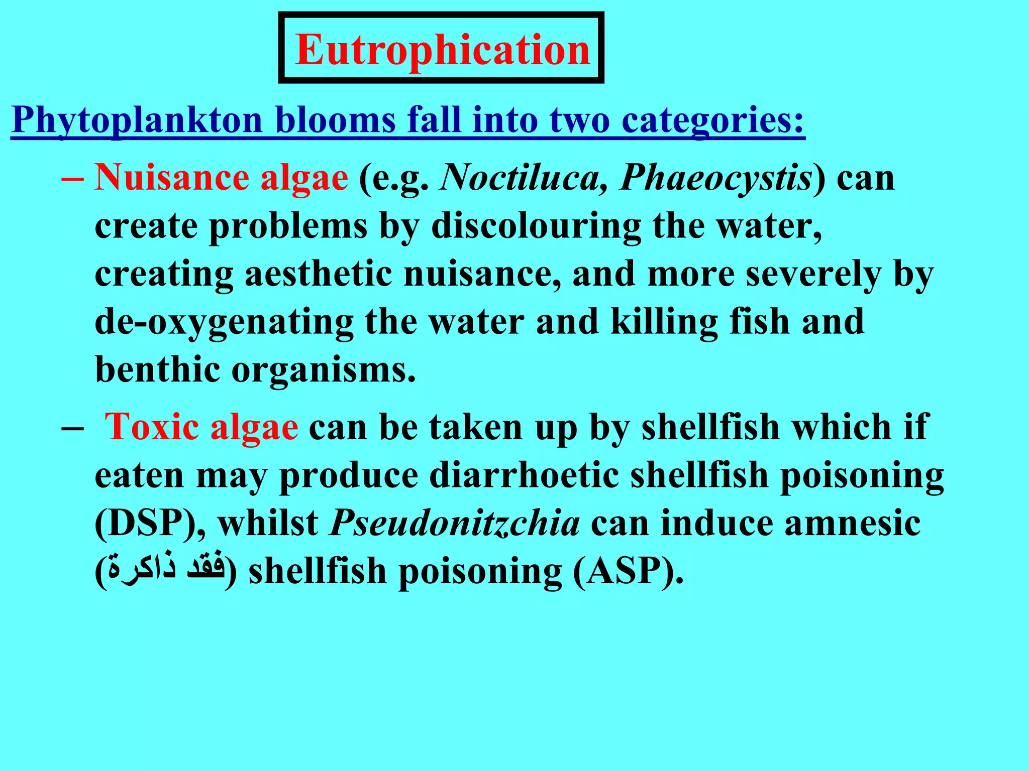Phytoplankton blooms fall into two categories:
– Nuisance algae (e.g. Noctiluca, Phaeocystis) can
create problems by discolouring the water,
creating aesthetic nuisance, and more severely by
de-oxygenating the water and killing fish and
benthic organisms.
– Toxic algae can be taken up by shellfish which if
eaten may produce diarrhoetic shellfish poisoning
(DSP), whilst Pseudonitzchia can induce amnesic
(‫ذاكرة‬ ‫)فقد‬ shellfish poisoning (ASP).
Eutrophication
 