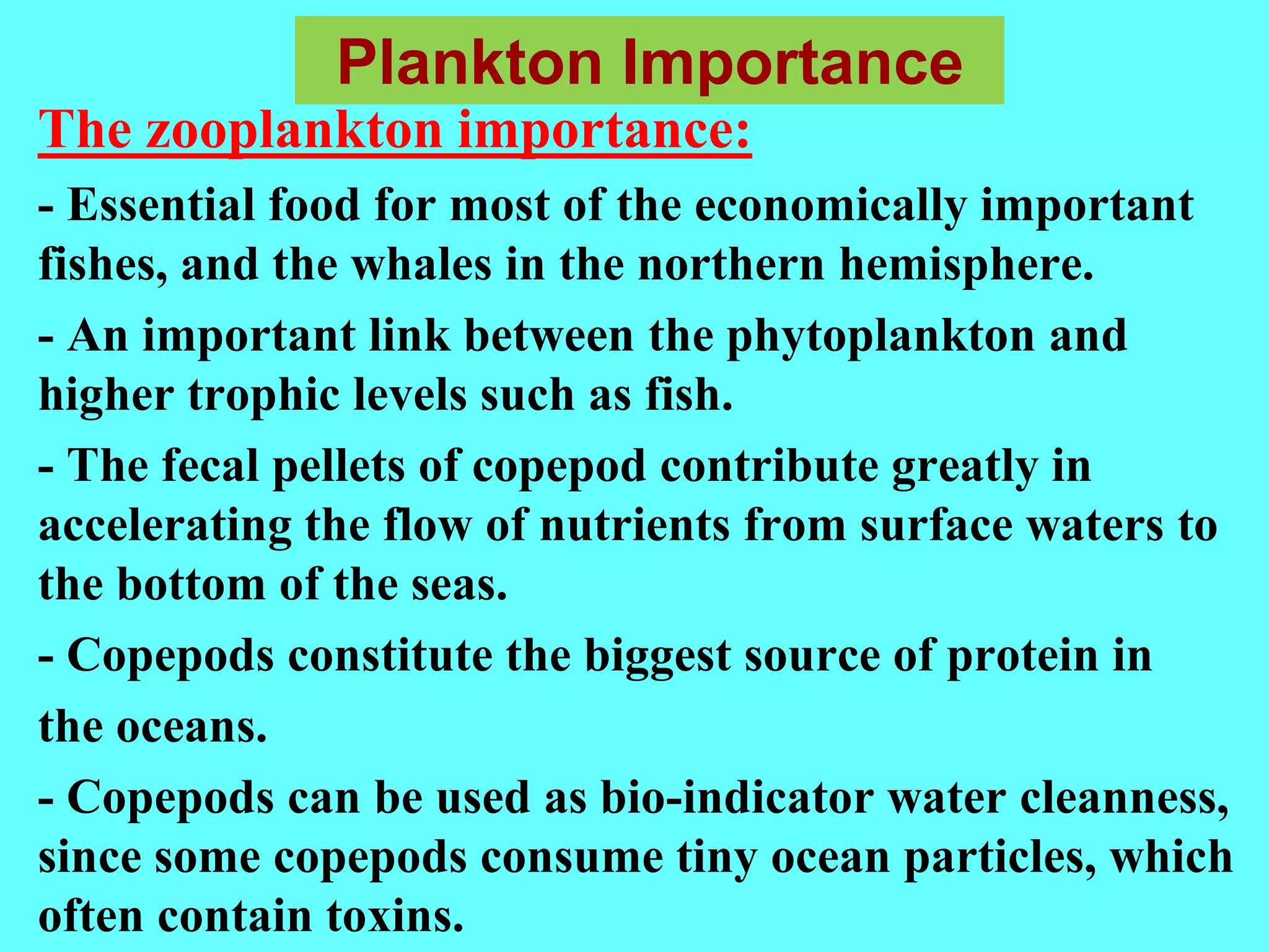 - Essential food for most of the economically important
fishes, and the whales in the northern hemisphere.
- An important link between the phytoplankton and
higher trophic levels such as fish.
- The fecal pellets of copepod contribute greatly in
accelerating the flow of nutrients from surface waters to
the bottom of the seas.
- Copepods constitute the biggest source of protein in
the oceans.
- Copepods can be used as bio-indicator water cleanness,
since some copepods consume tiny ocean particles, which
often contain toxins.
Plankton Importance
The zooplankton importance:
 