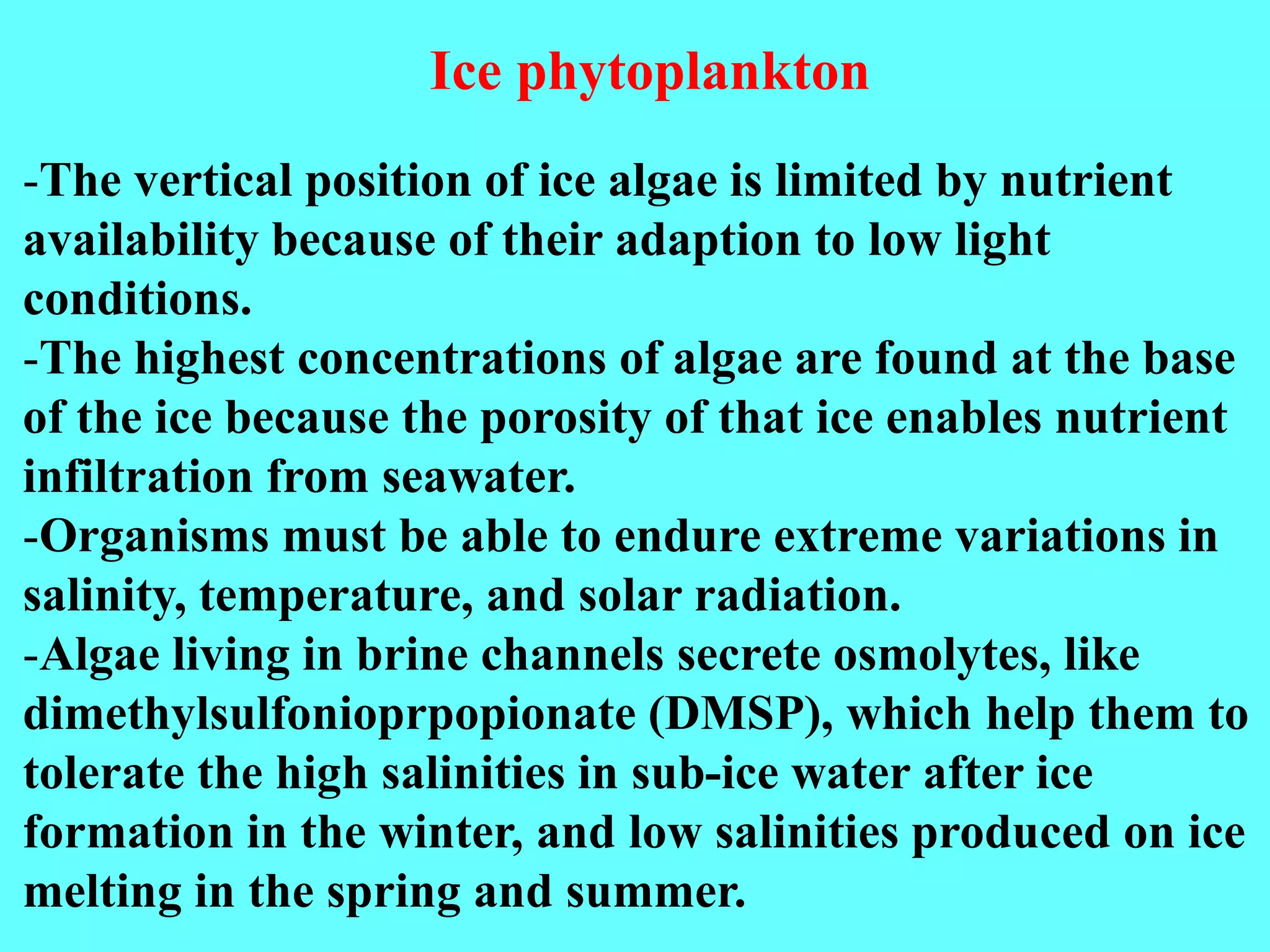 -The vertical position of ice algae is limited by nutrient
availability because of their adaption to low light
conditions.
-The highest concentrations of algae are found at the base
of the ice because the porosity of that ice enables nutrient
infiltration from seawater.
-Organisms must be able to endure extreme variations in
salinity, temperature, and solar radiation.
-Algae living in brine channels secrete osmolytes, like
dimethylsulfonioprpopionate (DMSP), which help them to
tolerate the high salinities in sub-ice water after ice
formation in the winter, and low salinities produced on ice
melting in the spring and summer.
Ice phytoplankton
 