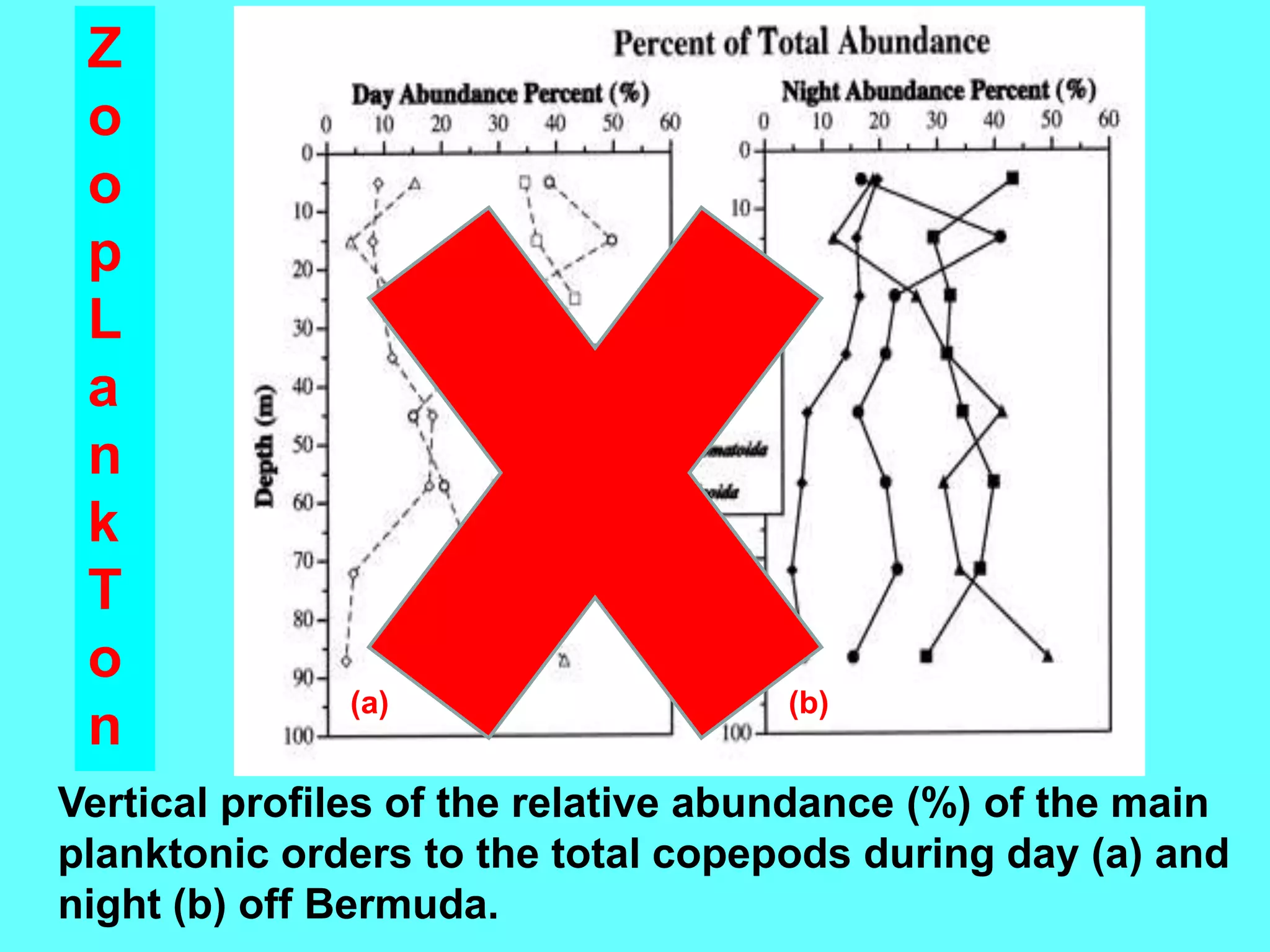 Vertical profiles of the relative abundance (%) of the main
planktonic orders to the total copepods during day (a) and
night (b) off Bermuda.
Z
o
o
p
L
a
n
k
T
o
n
(b)
(a)
 