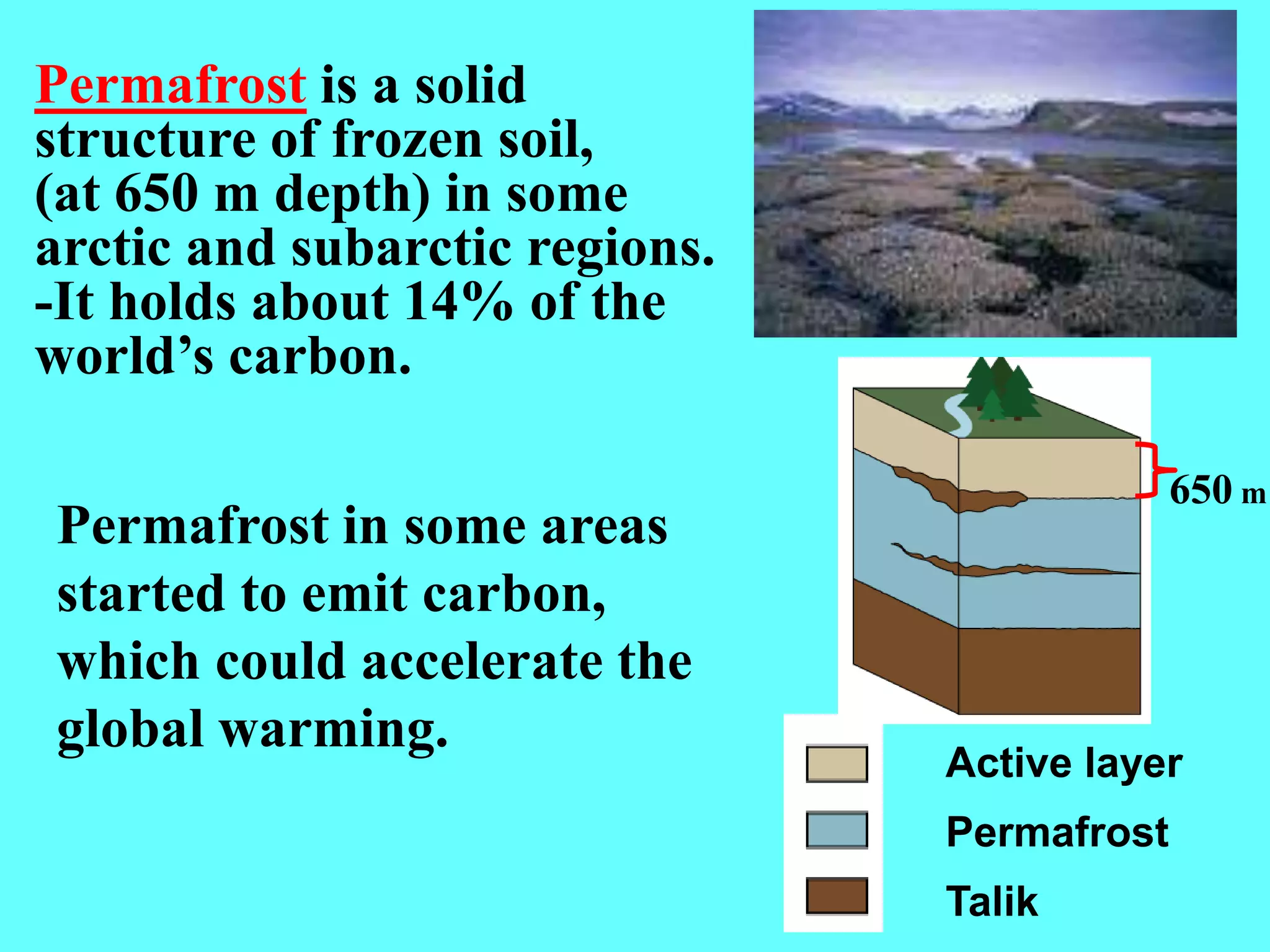 Active layer
Permafrost
Talik
Permafrost in some areas
started to emit carbon,
which could accelerate the
global warming.
Permafrost is a solid
structure of frozen soil,
(at 650 m depth) in some
arctic and subarctic regions.
-It holds about 14% of the
world’s carbon.
650 m
 