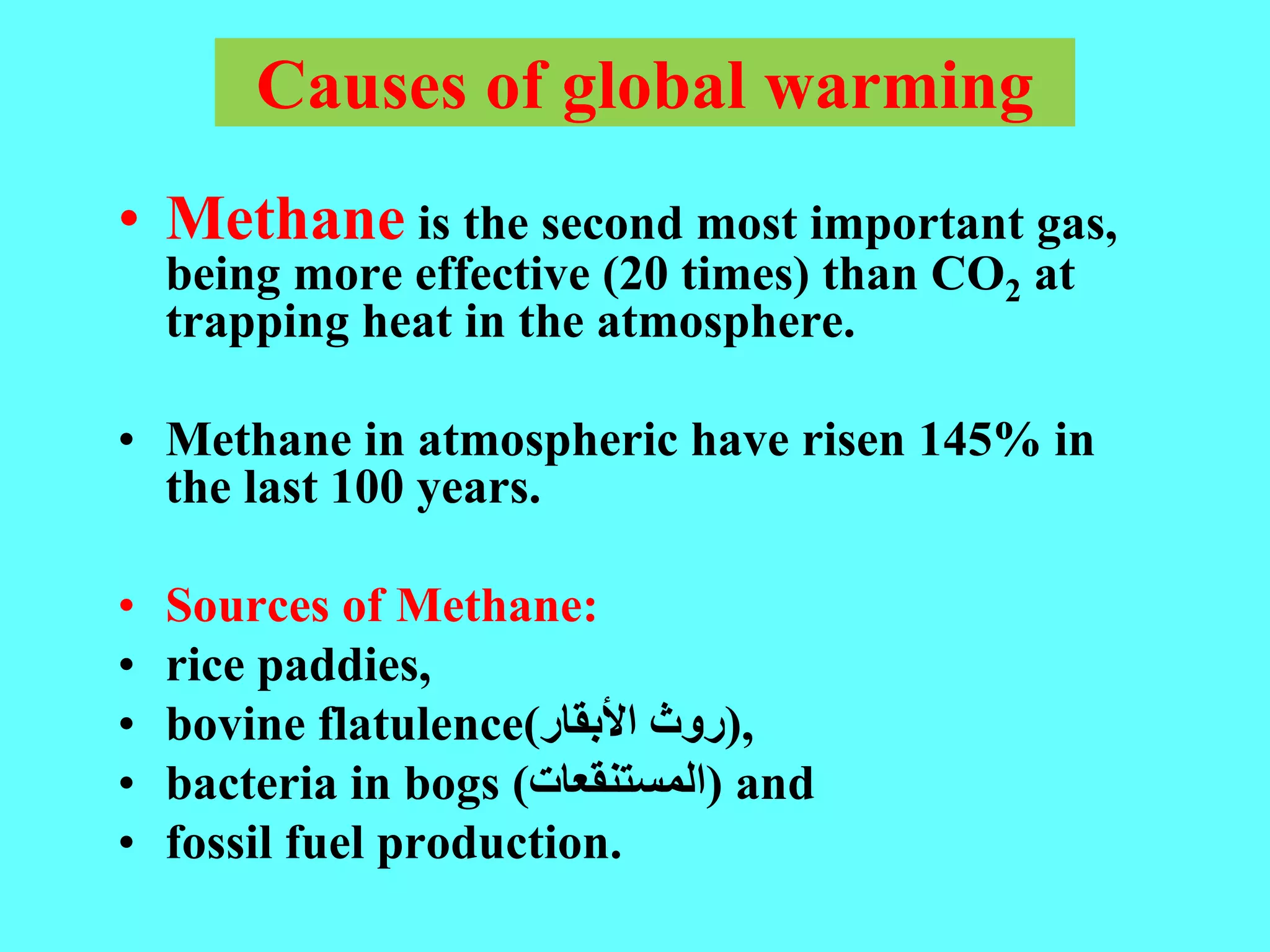 Causes of global warming
• Methane is the second most important gas,
being more effective (20 times) than CO2 at
trapping heat in the atmosphere.
• Methane in atmospheric have risen 145% in
the last 100 years.
• Sources of Methane:
• rice paddies,
• bovine flatulence(‫األبقار‬ ‫)روث‬,
• bacteria in bogs (‫)المستنقعات‬ and
• fossil fuel production.
 