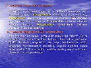 D. YaD. Yaşşadadııklarklarıı Ortama GOrtama Gööre Sre Sıınnııflandflandıırmarma
Planktonik organizmalar deniz ve iPlanktonik organizmalar deniz ve içç sularda bulunusularda bulunuşşuna guna göörere
gruplandgruplandıırrııldldığıığında;nda; LimnoplanktonLimnoplankton (G(Gööllerde bulunan plankton),llerde bulunan plankton),
HelioplanktonHelioplankton (Denizlerde bulunan plankton),(Denizlerde bulunan plankton), RheoplanktonRheoplankton
(Akarsularda buluna plankton),(Akarsularda buluna plankton), KrenoplanktonKrenoplankton (Kaynak sular(Kaynak sularıındanda
bulunan plankton),bulunan plankton), HeleoplanktonHeleoplankton (G(Göölclcüüklerde bulunanklerde bulunan
plankton) olarak adlandplankton) olarak adlandıırrııllıır.r.
E. Horizontal DaE. Horizontal Dağığıllışışlarlarıına Gna Gööre Sre Sıınnııflandflandıırmarma
Su derinliSu derinliğğinin az olduinin az olduğğu ku kııyyııya yakya yakıın bn böölgelerden itibaren 200 mlgelerden itibaren 200 m
derinliderinliğğe kadar olan kesimlerde bulunan planktonik organizmalare kadar olan kesimlerde bulunan planktonik organizmalar
Neritik Planktonu oluNeritik Planktonu oluşştururlar. Bu grup organizmalartururlar. Bu grup organizmalarıın bn büüyyüükk
ççooğğunluunluğğu Meroplanktonik canlu Meroplanktonik canlıılardlardıır. Oseanik plankton olarakr. Oseanik plankton olarak
isimlendirilen 200 m derinlikte, sahilden uzakta yaisimlendirilen 200 m derinlikte, sahilden uzakta yaşşayan aayan aççıık denizk deniz
planktonu ise Holoplanktondur.planktonu ise Holoplanktondur.
 