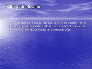 KKüültltüürlerde Brlerde Büüyyüümeme
AAlg klg küültltüürlerinde brlerinde büüyyüüme denince mikroorganizmalarme denince mikroorganizmalarıın birimn birim
hacimde veya birim alanda belirli bir zaman aralhacimde veya birim alanda belirli bir zaman aralığıığında olunda oluşşturduturduğğuu
kuru veya yakuru veya yaşş aağığırlrlııktaki organik kktaki organik küütle arttle artışıışı akla gelir.akla gelir.
 