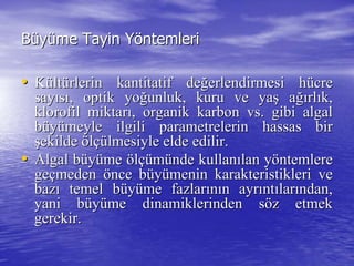 BBüüyyüüme Tayin Yme Tayin Yööntemlerintemleri
•• KKüültltüürlerin kantitatif derlerin kantitatif değğerlendirmesi herlendirmesi hüücrecre
saysayııssıı, optik yo, optik yoğğunluk, kuru ve yaunluk, kuru ve yaşş aağığırlrlıık,k,
klorofil miktarklorofil miktarıı, organik karbon vs. gibi algal, organik karbon vs. gibi algal
bbüüyyüümeyle ilgili parametrelerin hassas birmeyle ilgili parametrelerin hassas bir
şşekildeekilde ööllçüçülmesiyle elde edilir.lmesiyle elde edilir.
•• Algal bAlgal büüyyüümeme ööllçüçümmüünde kullannde kullanıılan ylan yööntemlerentemlere
gegeççmedenmeden öönce bnce büüyyüümenin karakteristikleri vemenin karakteristikleri ve
bazbazıı temel btemel büüyyüüme fazlarme fazlarıınnıın ayrn ayrııntntıılarlarıından,ndan,
yani byani büüyyüüme dinamiklerinden sme dinamiklerinden sööz etmekz etmek
gerekir.gerekir.
 