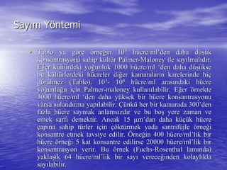 SaySayıım Ym Yööntemintemi
•• Tablo ya gTablo ya göörere öörnerneğğin 10in 1033
hhüücre/cre/mlml’’denden daha ddaha düüşşüükk
konsantrasyona sahip kkonsantrasyona sahip küültltüürr PalmerPalmer--MaloneyMaloney ile sayile sayıılmallmalııddıır.r.
EEğğer ker küültltüürdeki yordeki yoğğunluk 1000 hunluk 1000 hüücre/mlcre/ml ‘‘den daha dden daha düüşşüüksekse
bu kbu küültltüürlerdeki hrlerdeki hüücreler dicreler diğğer kamaralarer kamaralarıın karelerinde hin karelerinde hiçç
ggöörrüülmez (Tablo). 10lmez (Tablo). 1033
-- 101044
hhüücre/ml arascre/ml arasıındaki hndaki hüücrecre
yoyoğğunluunluğğu iu iççinin PalmerPalmer--maloneymaloney kullankullanıılabilir. Elabilir. Eğğerer öörnekternekte
3000 h3000 hüücre/mlcre/ml ‘‘den daha yden daha yüüksek bir hksek bir hüücre konsantrasyonucre konsantrasyonu
varsa sulandvarsa sulandıırma yaprma yapıılabilir.labilir. ÇüÇünknküü her bir kamarada 300her bir kamarada 300’’denden
fazla hfazla hüücre saymak anlamscre saymak anlamsıızdzdıır ve bu bor ve bu boşş yere zaman veyere zaman ve
emek sarfemek sarfıı demektir. Ancak 15demektir. Ancak 15 µµmm’’dandan daha kdaha küçüüçük hk hüücrecre
ççapapıına sahip tna sahip tüürler irler iççinin çöçöktktüürmek yada santrifrmek yada santrifüüjlejle öörnerneğğii
konsantre etmek tavsiye edilir.konsantre etmek tavsiye edilir. ÖÖrnerneğğin 400 hin 400 hüücre/cre/mlml’’liklik birbir
hhüücrecre öörnerneğği 5 kat konsantre edilirse 20000 hi 5 kat konsantre edilirse 20000 hüücre/cre/mlml’’liklik birbir
konsantrasyon verir. Bukonsantrasyon verir. Bu öörnek (rnek (FuchsFuchs--RosenthalRosenthal lamlamıında)nda)
yaklayaklaşışık 64 hk 64 hüücre/cre/mlml’’liklik bir saybir sayıı verecevereceğğinden kolaylinden kolaylııklakla
saysayıılabilir.labilir.
 
