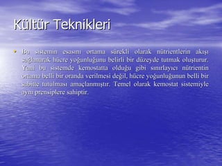 KKüültltüür Tekniklerir Teknikleri
•• Bu sistemin esasBu sistemin esasıınnıı ortama sortama süürekli olarakrekli olarak nnüütrientlerintrientlerin akakışıışı
sasağğlanarak hlanarak hüücre yocre yoğğunluunluğğunu belirli bir dunu belirli bir düüzeyde tutmak oluzeyde tutmak oluşşturur.turur.
Yani bu sistemdeYani bu sistemde kemostattakemostatta olduolduğğu gibi su gibi sıınnıırlayrlayııccıı nnüütrientintrientin
ortama belli bir oranda verilmesi deortama belli bir oranda verilmesi değğil, hil, hüücre yocre yoğğunluunluğğunun belli birunun belli bir
sabitte tutulmassabitte tutulmasıı amaamaççlanmlanmışışttıır. Temel olarakr. Temel olarak kemostatkemostat sistemiylesistemiyle
aynaynıı prensiplere sahiptir.prensiplere sahiptir.
 