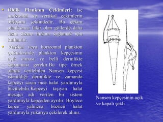 •• OblikOblik PlanktonPlankton ÇÇekimleri:ekimleri: iseise
horizontal vehorizontal ve vertikalvertikal ççekimlerinekimlerin
birlebirleşşimiimi şşeklindedir. Bueklindedir. Bu ççekimekim
planktonca fakir olan gplanktonca fakir olan gööllerde dahallerde daha
fazla sfazla süüzme imkanzme imkanıı sasağğlamak ilamak iççinin
kullankullanııllıır.r.
•• VertikalVertikal veya horizontal planktonveya horizontal plankton
ççekimlerinde plankton kepekimlerinde plankton kepççesininesinin
aaççıık olmask olmasıı ve belli derinlikteve belli derinlikte
kapanmaskapanmasıı gerekir.Bu tipegerekir.Bu tipe öörnekrnek
olarak verilebilenolarak verilebilen NansenNansen kepkepççesiesi
istenildiistenildiğği derinlikte ve zamandai derinlikte ve zamanda
kepkepççeyi saran ince halat yardeyi saran ince halat yardıımmııylayla
bbüüzzüülebilir.Keplebilir.Kepççeyi taeyi taşışıyan halatyan halat
mesajcmesajcıı adadıı verilen bir sistemverilen bir sistem
yardyardıımmııyla kepyla kepççeden ayreden ayrııllıır. Br. Bööyleceylece
kepkepççe yalne yalnıızca bzca büüzzüüccüü halathalat
yardyardıımmııyla yukaryla yukarııyaya ççekilerek alekilerek alıınnıır.r.
Nansen kepçesinin açık
ve kapalı şekli
 