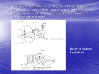•• SSüüratli plankton yratli plankton yüüzdzdüürrüüccüülerine en iyilerine en iyi öörnekrnek HardyHardy’’inin planktonplankton
kaydedicisidir. Torpilkaydedicisidir. Torpil şşeklinde 1 m uzunlueklinde 1 m uzunluğğunda 161.3 cm2 olanunda 161.3 cm2 olan
bu arabu araçç ddüüzenli birzenli bir şşekilde horizontal olarakekilde horizontal olarak ççekilerek otomatikekilerek otomatik
olarak zooplankton toplanolarak zooplankton toplanıır.r.
Hardy’in plankton
kaydedicisi
 