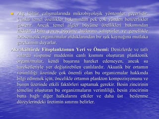 Alg kAlg küültltüürr ççalalışışmalarmalarıında mikrobiyolojik ynda mikrobiyolojik yööntemler gentemler geççerlidir.erlidir.
ÇüÇünknküü temeltemel öözellikler bakzellikler bakıımmıından pekndan pek ççok yok yöönden benzerliklernden benzerlikler
ggöösterir. Ancak temel algler bsterir. Ancak temel algler büüyyüümeme öözellikleri bakzellikleri bakıımmıındanndan
faklfaklııddıır. Daha yavar. Daha yavaşş bbüüyyüüme hme hıızlarzlarıına sahiptirler ve genelliklena sahiptirler ve genellikle
fotosentetik organizmalar olduklarfotosentetik organizmalar olduklarıından birndan bir ışıışık kaynak kaynağığına mutlakana mutlaka
gereksinim duyarlar.gereksinim duyarlar.
AkvakAkvaküültltüürderde Fitoplanktonun Yeri veFitoplanktonun Yeri ve ÖÖnemi:nemi: Denizlerde ve tatlDenizlerde ve tatlıı
sulardasularda ssüüspansespanse maddenin canlmaddenin canlıı kkıısmsmıınnıı oluoluşşturan planktonikturan planktonik
organizmalar, kendi baorganizmalar, kendi başşararıına hareket edemeyen, ancak suna hareket edemeyen, ancak su
hareketleriyle yer dehareketleriyle yer değğiişştirebilen canltirebilen canlıılardlardıır. Akuatik bir ortamr. Akuatik bir ortamıınn
verimliliverimliliğğii üüzerindezerinde ççokok öönemli olan bu organizmalar hakknemli olan bu organizmalar hakkıındanda
bilgi edinmek ibilgi edinmek iççin,in, ööncelikle ortamncelikle ortamıın plankton kompozisyonunu ven plankton kompozisyonunu ve
bununbunun üüzerinde etkili faktzerinde etkili faktöörleri saptamak gerekir. Besin zincirininrleri saptamak gerekir. Besin zincirinin
temelini olutemelini oluşşturan bu organizmalarturan bu organizmalarıın verimlilin verimliliğği, besin zincirinini, besin zincirinin
buna babuna bağğllıı didiğğer halkalarer halkalarıınnıı etkiler ve dahaetkiler ve daha üüst beslenmest beslenme
ddüüzeylerindekizeylerindeki üüretimin sretimin sıınnıırrıınnıı belirler.belirler.
 