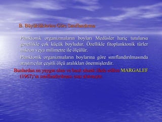 B. BB. Büüyyüüklklüüklerine Gklerine Gööre Sre Sıınnııflandflandıırmarma
Planktonik organizmalarPlanktonik organizmalarıın boylarn boylarıı MedMedüüsler harisler hariçç tutulursatutulursa
genelliklegenellikle ççok kok küçüüçük boyludur.k boyludur. ÖÖzellikle fitoplanktonik tzellikle fitoplanktonik tüürlerrler
mikron veya milimetre ilemikron veya milimetre ile ööllçüçüllüür.r.
Planktonik organizmalarPlanktonik organizmalarıın boylarn boylarıına gna gööre sre sıınnııflandflandıırrıılmaslmasıındanda
araaraşşttıırrııccıılarlar ççeeşşitliitli ööllçüçü aralaralııklarklarıı öönerminermişşlerdir.lerdir.
Bunlardan en yaygBunlardan en yaygıın olan ve basit olarak ifade edilenn olan ve basit olarak ifade edilen MARGALEFMARGALEF
(1967)(1967)’’ıınn ssıınnııflandflandıırrıılmaslmasıı esas alesas alıınmnmışışttıır.r.
 