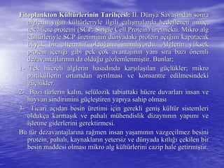 Fitoplankton KFitoplankton Küültltüürlerinin Tarihrlerinin Tarihççesi:esi: II. DII. Düünya Savanya Savaşışından sonrandan sonra
alglerin yalglerin yığıığın kn küültltüürleriyle ilgilirleriyle ilgili ççalalışışmalarda hedeflenen amamalarda hedeflenen amaçç,,
tek htek hüücre proteini (SCP:cre proteini (SCP: SingleSingle CellCell Protein)Protein) üüretmekti. Mikro algretmekti. Mikro alg
kküültltüürleriyle SCPrleriyle SCP üüretiminin dretiminin düünyadaki protein anyadaki protein aççığıığınnıı kapatacakkapatacak
bbüüyyüük bir alternatif olduk bir alternatif olduğğuna inanuna inanııllııyordu. Alglerin yyordu. Alglerin yüüksekksek
protein iprotein iççerieriğği gibi peki gibi pek ççok avantajok avantajıınnıın yann yanıı ssııra bazra bazıı öönemlinemli
dezavantajlardezavantajlarıınnıın da oldun da olduğğu gu göözlemlenmizlemlenmişştir. Bunlar;tir. Bunlar;
11-- Tek hTek hüücreli alglerin hasadcreli alglerin hasadıında karnda karşışılalaşışılan glan güçüçllüükler; mikrokler; mikro
partikpartiküüllerin ortamdan ayrllerin ortamdan ayrıılmaslmasıı ve konsantre edilmesindekive konsantre edilmesindeki
ggüçüçllüükler.kler.
22-- BazBazıı ttüürlerin kalrlerin kalıın, seln, selüülozik tabiattaki hlozik tabiattaki hüücre duvarlarcre duvarlarıı insan veinsan ve
hayvan sindirimini ghayvan sindirimini güçüçleleşştiren yaptiren yapııya sahip olmasya sahip olmasıı
33-- Ticari aTicari aççııdan besindan besin üüretimi iretimi iççin gerekli geniin gerekli genişş kküültltüür sistemlerir sistemleri
oldukoldukçça karmaa karmaşışık ve pahalk ve pahalıı mmüühendislik dizaynhendislik dizaynıınnıın yapn yapıımmıı veve
iişşletme giderlerini gerektirmesi.letme giderlerini gerektirmesi.
Bu tBu tüür dezavantajlarr dezavantajlarıına rana rağğmen insan yamen insan yaşşamamıınnıın vazgen vazgeççilmez besiniilmez besini
protein, pahalprotein, pahalıı, kaynaklar, kaynaklarıın yetersiz ve dn yetersiz ve düünyada knyada kııtltlığıığı ççekilen birekilen bir
besin maddesi olmasbesin maddesi olmasıı mikro alg kmikro alg küültltüürlerini cazip hale getirmirlerini cazip hale getirmişştir.tir.
 