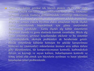  Gerek AkvakGerek Akvaküültltüür gerekse tek hr gerekse tek hüücreli protein (SCP) elde etmecreli protein (SCP) elde etme
amacamacıına yna yöönelik tnelik tüüm km küültltüür uygulamalarr uygulamalarıında temel amanda temel amaçç, fotosentez, fotosentez
iişşleminin organik maddeye dleminin organik maddeye döönnüüşşüümmüündeki verimlilindeki verimliliğği maksimumai maksimuma
ulaulaşşttıırmak ve bitkisel organik maddeyi optimumrmak ve bitkisel organik maddeyi optimum şşekildeekilde üüretmektir.retmektir.
BBööyle bir sonucu yyle bir sonucu yüüksekksek biyomasbiyomas eldesieldesi amaamaççlanan blanan büüyyüükk ööllççekliekli
kküültltüür sistemlerinde bar sistemlerinde başşarabilmek iarabilmek iççin gin güüneneşş enerjisindenenerjisinden
faydalanmak gereklidir. Genifaydalanmak gereklidir. Genişş ööllççekli alg kekli alg küültltüür sistemlerinir sistemlerini
laboratuar dlaboratuar dışıışında ve geninda ve genişş alanlarda kurmak zorunludur. Balanlarda kurmak zorunludur. Bööyle algyle alg
kküültltüür sistemleri,r sistemleri, ççevresel koevresel koşşullarullarıından etkilenir ve bu sistemlerndan etkilenir ve bu sistemler
biyobiyo--mmüühendislik, ekolojik problemleri de beraberinde getirir.hendislik, ekolojik problemleri de beraberinde getirir.
BBüüyyüük sistemlerde kk sistemlerde küültltüürrüün homojen birn homojen bir şşekilde karekilde karışışttıırrıılmaslmasıı
besleyici tuz (nutrientler) miktarlarbesleyici tuz (nutrientler) miktarlarıınnıınn üüremesi arzu edilen tremesi arzu edilen tüürlererlere
ggööre dre düüzenlenmesi, tzenlenmesi, tüür kompozisyonunun kontrolr kompozisyonunun kontrolüü, karbondioksit, karbondioksit
ilavesi, su kaynailavesi, su kaynağığı ve suyun kalitesi, buharlave suyun kalitesi, buharlaşşmanmanıın kontroln kontrolüü veve
sonusonuçç üürrüünnüü elde etmek ielde etmek iççin hin hüücrelerin ayrcrelerin ayrıılmaslmasıı ve hasat ive hasat işşlemlerilemleri
karkarşışılalaşışılan temel problemlerdir.lan temel problemlerdir.
 