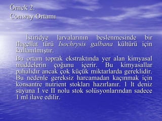 ÖÖrnek 2.rnek 2.
ConwayConway OrtamOrtamıı
İİstiridye larvalarstiridye larvalarıınnıın beslenmesinde birn beslenmesinde bir
flagellatflagellat ttüürrüü IsochrysisIsochrysis galbanagalbana kküültltüürrüü iiççinin
kullankullanıılmlmışışttıır.r.
Bu ortam toprakBu ortam toprak ekstraktekstraktıındanda yer alan kimyasalyer alan kimyasal
maddelerinmaddelerin ççooğğunu iunu iççerir. Bu kimyasallarerir. Bu kimyasallar
pahalpahalııddıır ancakr ancak ççok kok küçüüçük miktarlarda gereklidir.k miktarlarda gereklidir.
Bu nedenle gereksiz harcamadan kaBu nedenle gereksiz harcamadan kaççıınmak inmak iççinin
konsantre nutrient stoklarkonsantre nutrient stoklarıı hazhazıırlanrlanıır. 1r. 1 ltlt denizdeniz
suyuna I ve IIsuyuna I ve II nolunolu stok solstok solüüsyonlarsyonlarıından sadecendan sadece
1 ml ilave edilir.1 ml ilave edilir.
 