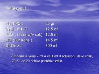 SolSolüüsyon Bsyon B
NaNa 22HPOHPO 44 25 gr25 gr
CaClCaCl 22.6H.6H 22OO 12.5 gr12.5 gr
FeClFeCl 33 (%58 w/v sol.)(%58 w/v sol.) 12.5 ml12.5 ml
HClHCl (P(Püürr KonsKons.).) 14.5 ml14.5 ml
DistileDistile SuSu 500 ml500 ml
22 ltlt deniz suyuna 2 ml A ve 1 mldeniz suyuna 2 ml A ve 1 ml BB solsolüüsyonu ilave edilir,syonu ilave edilir,
7070 00CC ‘‘de 20 dakika pastde 20 dakika pastöörize edilir.rize edilir.
 