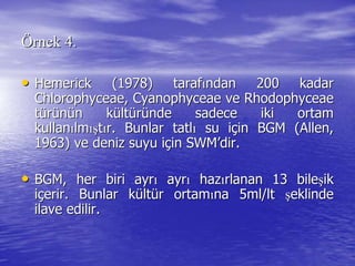 ÖÖrnek 4.rnek 4.
•• HemerickHemerick (1978) taraf(1978) tarafıından 200 kadarndan 200 kadar
Chlorophyceae, Cyanophyceae veChlorophyceae, Cyanophyceae ve RhodophyceaeRhodophyceae
ttüürrüünnüün kn küültltüürrüünde sadece iki ortamnde sadece iki ortam
kullankullanıılmlmışışttıır. Bunlar tatlr. Bunlar tatlıı su isu iççin BGM (in BGM (AllenAllen,,
1963) ve deniz suyu i1963) ve deniz suyu iççinin SWMSWM’’dirdir..
•• BGM, herBGM, her biri ayrbiri ayrıı ayrayrıı hazhazıırlanan 13 bilerlanan 13 bileşşikik
iiççerir. Bunlar kerir. Bunlar küültltüür ortamr ortamıına 5ml/na 5ml/ltlt şşeklindeeklinde
ilave edilir.ilave edilir.
 