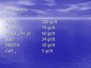 MajorMajor StoklarStoklar
KNOKNO 33 200 gr/200 gr/ltlt
KK 22HPOHPO 44 70 gr/70 gr/ltlt
MgSOMgSO 44.7H.7H 22OO 50 gr/50 gr/ltlt
NaClNaCl 34 gr/34 gr/ltlt
FeEDTAFeEDTA 10 gr/10 gr/ltlt
CaClCaCl 22 5 gr/5 gr/ltlt
 