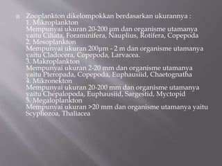  Zooplankton dikelompokkan berdasarkan ukurannya :
1. Mikroplankton
Mempunyai ukuran 20-200 μm dan organisme utamanya
yaitu Ciliata, Foraminifera, Nauplius, Rotifera, Copepoda
2. Mesoplankton
Mempunyai ukuran 200μm - 2 m dan organisme utamanya
yaitu Cladocera, Copepoda, Larvacea.
3. Makroplankton
Mempunyai ukuran 2-20 mm dan organisme utamanya
yaitu Pteropada, Copepoda, Euphausiid, Chaetognatha
4. Mikronekton
Mempunyai ukuran 20-200 mm dan organisme utamanya
yaitu Chepalopoda, Euphausiid, Sargestid, Myctopid
5. Megaloplankton
Mempunyai ukuran >20 mm dan organisme utamanya yaitu
Scyphozoa, Thaliacea
 