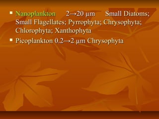 NanoplanktonNanoplankton 2→20 µm Small2→20 µm Small DiatomsDiatoms;;
SmallSmall FlagellatesFlagellates;; PyrrophytaPyrrophyta;; ChrysophytaChrysophyta;;
ChlorophytaChlorophyta;; XanthophytaXanthophyta
 PicoplanktonPicoplankton 0.2→2 µm0.2→2 µm ChrysophytaChrysophyta
 