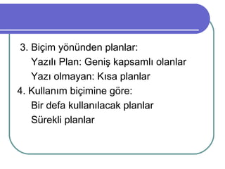3. Biçim yönünden planlar:
Yazılı Plan: Geniş kapsamlı olanlar
Yazı olmayan: Kısa planlar
4. Kullanım biçimine göre:
Bir defa kullanılacak planlar
Sürekli planlar
 