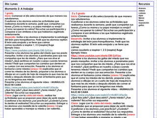 Dia: Lunes Recursos
Momento 3: A trabajar Anexos
videos
colores
lápiz
tijeras
tarea
exposición
gafas
1 grado.
Inicio: Comenzar el día seleccionando de que manera nos
saludaremos.
Cuestionar a los alumnos sobre las actividades que
realizamos durante la semana, pedir que compartan sus
tareas ¿Como su mama y su papa manejan su enojo?
¿Como recuperan la calma? Escuchar sus participación y
comparar si son similares a las que habíamos registrado
anteriormente.
Desarrollo: Invitar a los alumnos a implementar la estrategia
del león para tranquilizarnos. Pedir que los alumnos repitan:
El león esta enojado y se tiene que calmar
vamos ayudarlo a respirar 1, 2 3 (respira) Ruge
Ejemplo Video:
https://www.youtube.com/shorts/ORt-ZytYJsc
Presentar a los alumnos las gafas del miedo que nos presto
marquitos. Invitar a los alumnos a ponérselas para que nos
compartan que les da miedo. ¿Para que nos sirve el
miedo? ¿Qué sentimos en nuestro cuerpo cuando tenemos
miedo? Pedir que compartan los cambios que sienten en
su cuerpo con esa emoción. Presentar a los alumnos el
fantasma come miedos (anexo 15) explicarles que el
come los miedos de los demás, proponer a los alumnos a
dibujar en un cuarto de hoja de maquina lo que mas les da
miedo y después dárselo de comer al fantasma para que
ya no tengamos ese miedo.
Presentar a los alumnos el siguiente video: MURMULLOS
️ ⭐️
BAJO MI CAMA
https://www.youtube.com/watch?v=HvMY1XF6c0o
¿Qué hizo julio? ¿Qué descubrió? ¿Tenia miedo? ¿Fue
valiente? Escuchar sus respuestas
Cierre: Jugar con la ruleta del miedo, realizar las
actividades que se proponen para dejar de sentir miedo
Cuestionar a los alumnos ¿Las practicas? ¿Cuándo?¿Como
te sientes al realizarlas? Escuchar sus respuestas. Entregar a
los alumnos una medalla de la valentía (anexo 16) por
haber aprendido a manejar su miedo y ser valientes.
2 y 3 grado
Inicio: Comenzar el día seleccionando de que manera
nos saludaremos.
Cuestionar a los alumnos sobre las actividades que
realizamos durante la semana, pedir que compartan sus
tareas ¿Como su mama y su papa manejan su enojo?
¿Como recuperan la calma? Escuchar sus participación y
comparar si son similares a las que habíamos registrado
anteriormente.
Desarrollo: Invitar a los alumnos a implementar la
estrategia del león para tranquilizarnos. Pedir que los
alumnos repitan: El león esta enojado y se tiene que
calmar
vamos ayudarlo a respirar 1, 2 3 (respira) Ruge
Ejemplo Video:
https://www.youtube.com/shorts/ORt-ZytYJsc
Presentar a los alumnos las gafas del miedo que nos
presto marquitos. Invitar a los alumnos a ponérselas para
que nos compartan que les da miedo. ¿Para que nos sirve
el miedo? ¿Qué sentimos en nuestro cuerpo cuando
tenemos miedo? Pedir que compartan los cambios que
sienten en su cuerpo con esa emoción. Presentar a los
alumnos el fantasma come miedos (anexo 15) explicarles
que el come los miedos de los demás, proponer a los
alumnos a dibujar en un cuarto de hoja de maquina lo
que mas les da miedo y después dárselo de comer al
fantasma para que ya no tengamos ese miedo.
Presentar a los alumnos el siguiente video: MURMULLOS
️ ⭐️
BAJO MI CAMA
https://www.youtube.com/watch?v=HvMY1XF6c0o
¿Qué hizo julio? ¿Qué descubrió? ¿Tenia miedo? ¿Fue
valiente? Escuchar sus respuestas
Cierre: Jugar con la ruleta del miedo, realizar las
actividades que se proponen para dejar de sentir miedo
Cuestionar a los alumnos ¿Las practicas? ¿Cuándo?
¿Como te sientes al realizarlas? Escuchar sus respuestas.
Entregar a los alumnos una medalla de la valentía (anexo
 