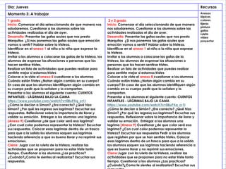 Dia: Jueves Recursos
Momento 3: A trabajar Anexos
lápices
colores
tijeras
pintura
gafas
ruleta
video
proyector
1 grado.
Inicio: Comenzar el día seleccionando de que manera nos
saludaremos. Cuestionar a los alumnos sobre las
actividades realizadas el día de ayer.
Desarrollo: Presentar las gafas azules que nos presto
Marquitos ¿Si nos ponemos las gafas azules que emoción
vamos a sentir? Hablar sobre la tristeza.
Identificar en el anexo 1 al niño o la niña que exprese la
tristeza.
Invitar a los alumnos a colocarse las gafas de la tristeza, los
alumnos de expresar las situaciones o personas que los
hacen sentirse tristes.
Realizar un lista de actividades que puedes realizar para
sentirte mejor si estamos tristes
Colocar a la vista el anexo 8 cuestionar a los alumnos
Cuándo están Tristes ¿Notan algún cambio en su cuerpo?
En caso de que los alumnos identifiquen algún cambio en
su cuerpo pedir que lo señalen y lo compartan.
Presentar a los alumnos el siguiente cuento: CUENTOS
INFANTILES - LÁGRIMAS BAJO LA CAMA
https://www.youtube.com/watch?v=08uPXq_cr1I
¿Cómo le decían a Simon? ¿Era correcto? ¿Qué hizo
Simon? ¿Por qué les regreso sus lagrimas? Escuchar sus
respuestas. Reflexionar sobre la importancia de llorar y
validar su emoción. Entregar a los alumnos una lagrima
(Anexo 9) Cuestionar ¿de que color será esa lagrima?
¿Con cual color podemos representar la tristeza? Escuchar
sus respuestas. Colocar esas lagrimas dentro de un frasco
para que a la salida los alumnos saquen sus lagrimas
haciendo referencia a que es bueno llorar y no reprimir sus
emociones.
Cierre: Jugar con la ruleta de la tristeza, realizar las
actividades que se proponen para no estar triste tanto
tiempo. Cuestionar a los alumnos ¿Las practicas?
¿Cuándo?¿Como te sientes al realizarlas? Escuchar sus
respuestas.
2 y 3 grado
Inicio: Comenzar el día seleccionando de que manera
nos saludaremos. Cuestionar a los alumnos sobre las
actividades realizadas el día de ayer.
Desarrollo: Presentar las gafas azules que nos presto
Marquitos ¿Si nos ponemos las gafas azules que
emoción vamos a sentir? Hablar sobre la tristeza.
Identificar en el anexo 1 al niño o la niña que exprese
la tristeza.
Invitar a los alumnos a colocarse las gafas de la
tristeza, los alumnos de expresar las situaciones o
personas que los hacen sentirse tristes.
Realizar un lista de actividades que puedes realizar
para sentirte mejor si estamos tristes
Colocar a la vista el anexo 8 cuestionar a los alumnos
Cuándo están tristes ¿Notan algún cambio en su
cuerpo? En caso de que los alumnos identifiquen algún
cambio en su cuerpo pedir que lo señalen y lo
compartan.
Presentar a los alumnos el siguiente cuento: CUENTOS
INFANTILES - LÁGRIMAS BAJO LA CAMA
https://www.youtube.com/watch?v=08uPXq_cr1I
¿Cómo le decían a Simón? ¿Era correcto? ¿Qué hizo
Simón? ¿Por qué les regreso sus lagrimas? Escuchar sus
respuestas. Reflexionar sobre la importancia de llorar y
validar su emoción. Entregar a los alumnos una
lagrima (Anexo 9) Cuestionar ¿de que color será esa
lagrima? ¿Con cual color podemos representar la
tristeza? Escuchar sus respuestas Pedir a los alumnos
que registren por que se han sentido tristes. Colocar
esas lagrimas dentro de un frasco para que a la salida
los alumnos saquen sus lagrimas haciendo referencia a
que es bueno llorar y no reprimir sus emociones.
Cierre:Jugar con la ruleta de la tristeza, realizar las
actividades que se proponen para no estar triste tanto
tiempo. Cuestionar a los alumnos ¿Las practicas?
¿Cuándo?¿Como te sientes al realizarlas? Escuchar sus
 