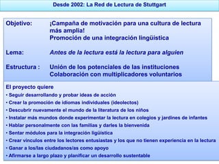 Desde 2002: La Red de Lectura de StuttgartObjetivo: 	¡Campaña de motivación para una cultura de lectura 			más amplia!        		Promoción de una integración lingüísticaLema: 		Antes de la lectura está la lectura para alguienEstructura : 	Unión de los potenciales de las instituciones                    	Colaboración con multiplicadores voluntarios  El proyecto quiere	 Seguir desarrollando y probar ideas de acción 