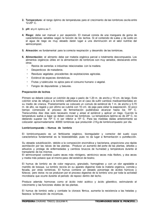 PROFESORA: CHURANO TINOCO, GIULIANA M. TRIUNFADORES DESDE EL PRINCIPIO…!
2. Temperatura: el rango óptimo de temperaturas para el crecimiento de las lombrices oscila entre
12-25º C.
3. pH: el p H óptimo es 7.
4. Riego: debe ser manual o por aspersión. El manual consta de una manguera de goma de
características variables según la función de los lechos. Si el contenido de sales y de sodio en
el agua de riego es muy elevado darán lugar a una disminución en el valor nutritivo del
vermicompost.
5. Aireación: es fundamental para la correcta respiración y desarrollo de las lombrices.
6. Alimentación: el alimento debe ser materia orgánica parcial o totalmente descompuesta. Los
alimentos orgánicos útiles en la alimentación de lombrices son muy variados, destacando entre
otros:
- Restos de serrerías e industrias relacionadas con la madera.
- Desperdicios de mataderos.
- Residuos vegetales procedentes de explotaciones agrícolas.
- Estiércol de especies domésticas.
- Frutas y tubérculos no aptos para el consumo humano o vegetal.
- Fangos de depuradoras y basuras.
Preparación de lechos
Primero se deberá colocar un colchón de paja o pasto de 1.20 m. de ancho y 10 cm. de largo. Este
colchón sirve de refugio a la lombriz californiana en el caso de sufrir cambios medioambientales en
su medio de crianza. Posteriormente se colocará un cúmulo de estiércol de 1 m. de ancho y 0.70
m. de alto, se regará y por último se cubrirá con 10 cm. de paja para evitar la evaporación. Al poco
tiempo comenzará el proceso de fermentación pudiéndose alcanzar hasta los 70º C.
Transcurridos diez días será necesario mover y airear el estiércol y aplicar un riego. Cuando la
temperatura vuelva a bajar se deben colocar las lombrices. La temperatura óptima es de 20º C, no
debiendo superar los 70º C ni ser inferior a 15º C. Para las medidas dadas anteriormente se
colocarán aproximadamente 40000 lombrices que producirán 2 Kg de lombricompuesto por día.
Lombricompuesto – Humus de lombriz
El lombricompuesto es un fertilizante orgánico, biorregulador y corrector del suelo cuya
característica fundamental es la bioestabilidad, pues no da lugar a fermentación o putrefacción.
Su elevada solubilización, debido a la composición enzimática y bacteriana, proporciona una rápida
asimilación por las raíces de las plantas. Produce un aumento del porte de las plantas, árboles y
arbustos y protege de enfermedades y cambios bruscos de humedad y temperatura durante el
transplante de los mismos.
El vermicompost contiene cuatro veces más nitrógeno, veinticinco veces más fósforo, y dos veces
y media más potasio que el mismo peso del estiércol de bovino.
El humus de lombriz es de color negruzco, granulado, homogéneo y con un olor agradable a
mantillo de bosque. La lombriz recicla en su aparato digestivo toda la materia orgánica, comida y
fecada, por otras lombrices. El humus contiene un elevado porcentaje de ácidos húmicos y
fúlvicos; pero éstos no se producen por el proceso digestivo de la lombriz sino por toda la actividad
microbiana que ocurre durante el periodo de reposo dentro del lecho.
Produce además hormonas como el ácido indol acético y ácido giberélico, estimulando el
crecimiento y las funciones vitales de las plantas.
El humus de lombriz evita y combate la clorosis férrica, aumenta la resistencia a las heladas y
favorece la formación de micorrizas.
 