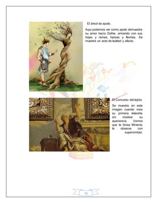 16
El árbol de apolo.
Aquí podemos ver como apolo demuestra
su amor hacia Dafne, armando con sus
hojas y ramas, harpas y flechas. Se
muestra un acto de lealtad y afecto.
El Concurso del tejido.
Se muestra en esta
imagen cuando crea
su primera telaraña
sin mostrar su
apariencia. Vemos
que la diosa Minerva
la observa con
superioridad.
 