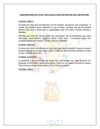 8
DESCRIPCION DE CITAS TEXTUALES SUSTENTANTOS EN CONTEXTOS.
Contexto político.
En todos los mitos que encontramos o en la mayoría, se basa en una monarquía, al
mundo de mortales hacen referencia a rey o reinas, “Aunque uno de sus padres
hubiera sido dios o diosa esto no garantizaba que él lo fuera” Dioses, Diosas y
Mortales.
Mientras que entre los dioses regían las monarquías por la importancia que cada
dios tenia, como Saturno, Neptuno, Plutón, entre otros. “Los titanes fueron los
primeros dioses del universo” Dioses, Diosas y Mortales.
Contexto religioso.
En este mito Alción se aferraba a Juno para que esta le ayudara a que su esposo
pudiera regresar a su hogar sano y salvo “Todos los días quemaba incienso y oraba
a Juno” Perdido en el mar.
Contexto económico.
La ambición y la avaricia del rey midas hizo que tomara una mala decisión, sin
embargo el dios Baco, quien tiene mucho dinero en su poder concedió su deseo
“Que lo que yo toque se convierta en oro” El toque dorado.
Contexto cultural.
 