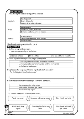 Ediciones “MIRBET”
24
VOCABULARIO:
BUSCA el significado de las siguientes palabras:
Niveles de comprensión lectora:
NIVEL LITERAL:
1. MARCA la expresión correcta
 Lugar en que sucedieron los hechos.
2. Coloca (V) verdadero o (F) falso, según corresponda.
3. Explica con tus propias palabras el significado de la expresión:
“La libélula es un insecto asombroso”
4. Enumera de manera ordenada según ocurrieron los hechos.
5. Ordena los hechos ocurridos en el relato.
Caballo pequeño
Caballete Jinete del caballo
Soporte de un tablero de mesa
Retazo de tela
Pieza Habitación, cuarto, dormitorio
Elemento que forma parte de una cosa
A pedir de boca,
Apetito Deseo que tenemos que hacer realidad
Ganas de comer
En bosque cercano En un pantano En una población pequeña
La libélula puede ver cosas a 40 pies de distancia
La libélula puede volar en círculos y también hacia atrás
La libélula no puede volar
Sus alas giran hacia los lados
Pasa tiempo buscando que comer
Puede volar muy rápido
Puede ver mejor Descansa sobre una roca. Está viendo una hoja
Puede volar muy
rápido
Sus alas giran hacia los
lados
Pasa tiempo buscando
que comer
 