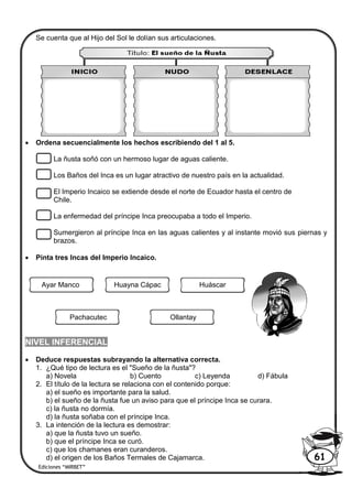 Se cuenta que al Hijo del Sol le dolían sus articulaciones.
 Ordena secuencialmente los hechos escribiendo del 1 al 5.
La ñusta soñó con un hermoso lugar de aguas caliente.
Los Baños del Inca es un lugar atractivo de nuestro país en la actualidad.
El Imperio Incaico se extiende desde el norte de Ecuador hasta el centro de
Chile.
La enfermedad del príncipe Inca preocupaba a todo el Imperio.
Sumergieron al príncipe Inca en las aguas calientes y al instante movió sus piernas y
brazos.
 Pinta tres Incas del Imperio Incaico.
NIVEL INFERENCIAL
 Deduce respuestas subrayando la alternativa correcta.
1. ¿Qué tipo de lectura es el "Sueño de la ñusta"?
a) Novela b) Cuento c) Leyenda d) Fábula
2. El título de la lectura se relaciona con el contenido porque:
a) el sueño es importante para la salud.
b) el sueño de la ñusta fue un aviso para que el príncipe Inca se curara.
c) la ñusta no dormía.
d) la ñusta soñaba con el príncipe Inca.
3. La intención de la lectura es demostrar:
a) que la ñusta tuvo un sueño.
b) que el príncipe Inca se curó.
c) que los chamanes eran curanderos.
d) el origen de los Baños Termales de Cajamarca.
Ayar Manco Huayna Cápac Huáscar
Pachacutec Ollantay
Ediciones “MIRBET”
61
 