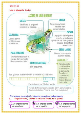 TEXTO 17
Lee el siguiente texto:
Ahora marca con una (x) la respuesta correcta de cada pregunta.
1. Según el texto, ¿Dónde se ubica la cresta de la iguana?
Tomado de Ministerio de Educación. (2017). Comunicación 3.
Cuaderno de trabajo. Primaria. Lima, Perú. (Adaptación)
Consumían los
A lo largo del centro
de su cabeza.
a
Consumían los
A lo largo del centro
de la espalda.
Consumían los
A lo largo del centro
de su papada.
c
b
 