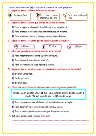 Ahora marca con una (x) la respuesta correcta de cada pregunta.
1. Según el texto, ¿dónde habitan las vicuñas?
2. Según el texto, ¿para qué utiliza la vicuña el cuello?
a) Para ahuyentar al ganado doméstico y a los cazadores.
b) Para protegerse de las altas temperaturas en invierno.
c) Para observar, ubicar y escapar de sus depredadores.
3. Según el texto, ¿Cuánto puede llegar a pesar la vicuña?
4. ¿Con qué propósito se habrá escrito este texto?
a) Para recomendarnos como cuidar a la vicuña.
b) Para describirnos cómo es la vicuña.
c) Para informarnos donde habita la vicuña.
5. Según el texto, ¿cuál es una característica resaltante en la vicuña?
a) Su gran velocidad.
b) Su largo cuello.
c) Su gran peso.
6. ¿Para qué se utilizan las abreviaciones en el siguiente párrafo?
a) Para representar con símbolos una medida de masa y longitud.
b) Para abreviar un conjunto de palabras muy largas.
c) Para abreviar palabras formadas por las primeras letras.
7. Debemos cuidar a las vicuñas. ¿Por qué?
-----------------------------------------------------------------------------------------
-----------------------------------------------------------------------------------------
Puede llegar a pesar unos 35 kg. Un ejemplar adulto puede llegar a
medir 90 cm de alto por 1,80 cm de largo.
Consumían los
45 kilos. Consumían los
35 kilos. Consumían los
25 kilos.
c
b
a
Consumían los
En todo el Perú.
a
Consumían los
En las zonas
altoandinas del Perú. Consumían los
En la costa y selva del
Perú.
c
b
 