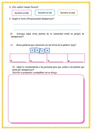 8. ¿Por cuánto tiempo florece?
9. Según el texto ¿Porqué pueden desaparecer?
10. Averigua ¿Qué otras plantas de tu comunidad están en peligro de
desaparecer?
11. Busca palabras que comiencen con las letras de la palabra "puya"
12. ¿Qué le recomendarías a las personas para que cuiden a las plantas que
están por desaparecer?
Escribe tu propuesta, acompáñala con un dibujo.
P___________ U__________ Y___________ AA___________
A
Durante un año Durante un día Durante un mes
----------------------------------------------------------------------------
----------------------------------------------------------------------------
----------------------------------------
 