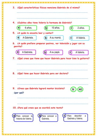 3. ¿Qué características físicas menciona Gabriela de sí misma?
4. ¿Cuántos años tiene Valeria la hermana de Gabriela?
5. ¿A quién le encanta leer y cantar?
6. ¿A quién prefiere preparar postres, ver televisión y jugar con su
perrita?
7. ¿Qué crees que tiene que hacer Gabriela para tocar bien la guitarra?
8. ¿Qué tiene que hacer Gabriela para ser doctora?
9. ¿Crees que Gabriela logrará montar bicicleta?
¿por qué?
10. ¿Para qué crees que se escribió este texto?
Consumían los
Para conocer la
historia de Valeria.
a
Consumían los
Para conocer a
Gabriela. Consumían los
Para describir a
Gabriela y Valeria.
c
b
Consumían los
6 años. Consumían los
10 años. Consumían los
2 años.
c
b
a
Consumían los
A Gabriela. Consumían los
A su mamá. Consumían los
A Valeria.
c
b
a
Consumían los
A Gabriela. Consumían los
A su papá. Consumían los
A Valeria.
c
b
a
SI NO
----------------------------------------------------------------------------
----------------------------------------------------------------------------
----------------------------------------
----------------------------------------------------------------------------
----------------------------------------------------------------------------
----------------------------------------
----------------------------------------------------------------------------
----------------------------------------------------------------------------
----------------------------------------
----------------------------------------------------------------------------
----------------------------------------------------------------------------
----------------------------------------
 