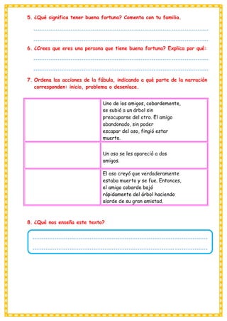 5. ¿Qué significa tener buena fortuna? Comenta con tu familia.
6. ¿Crees que eres una persona que tiene buena fortuna? Explica por qué:
7. Ordena las acciones de la fábula, indicando a qué parte de la narración
corresponden: inicio, problema o desenlace.
8. ¿Qué nos enseña este texto?
Uno de los amigos, cobardemente,
se subió a un árbol sin
preocuparse del otro. El amigo
abandonado, sin poder
escapar del oso, fingió estar
muerto.
Un oso se les apareció a dos
amigos.
El oso creyó que verdaderamente
estaba muerto y se fue. Entonces,
el amigo cobarde bajó
rápidamente del árbol haciendo
alarde de su gran amistad.
--------------------------------------------------------------------------------
--------------------------------------------------------------------------------
---------------------------------------
--------------------------------------------------------------------------------
--------------------------------------------------------------------------------
---------------------------------------
--------------------------------------------------------------------------------
--------------------------------------------------------------------------------
---------------------------------------
 
