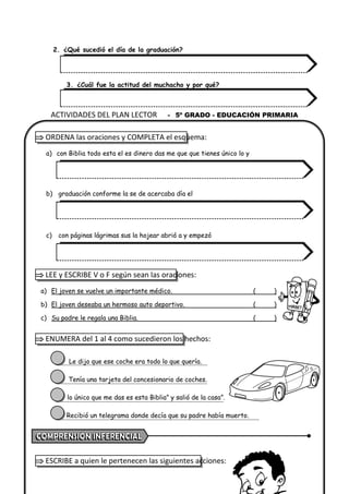 2. ¿Qué sucedió el día de la graduación?
3. ¿Cuál fue la actitud del muchacho y por qué?
 ORDENA las oraciones y COMPLETA el esquema:
a) con Biblia todo esta el es dinero das me que que tienes único lo y
b) graduación conforme la se de acercaba día el
c) con páginas lágrimas sus la hojear abrió a y empezó
 LEE y ESCRIBE V o F según sean las oraciones:
a) El joven se vuelve un importante médico. ( )
b) El joven deseaba un hermoso auto deportivo. ( )
c) Su padre le regala una Biblia. ( )
 ENUMERA del 1 al 4 como sucedieron los hechos:
Le dijo que ese coche era todo lo que quería.
Tenía una tarjeta del concesionario de coches.
lo único que me das es esta Biblia” y salió de la casa”.
Recibió un telegrama donde decía que su padre había muerto.
 ESCRIBE a quien le pertenecen las siguientes acciones:
ACTIVIDADES DEL PLAN LECTOR - 5º GRADO - EDUCACIÓN PRIMARIA
 