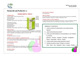 CEIP Ntra. Sra. de Loreto
PLAN DE LECTURA

FICHA DE LECTURA Nº 21
EFECTOS SECUNDARIOS
No se han descrito

SEDOFARIN® SPRAY
COMPOSICIÓN
Cada ml contiene: Cloruro de decalinio (DCI)................................................
Tirotricina (DCI) ……………………………………………………………
Dexametasona (DCI) ………………………………………………………..
Benzocaína (DCI) …………………………………………………...............
Excipientes: sacarina sódica, etanol (96% v/v) y esencia c.s.

1,00 mg
0,50 mg
0,20 mg
10,00 mg

Cada aplicación contiene:
Cloruro de decalinio (DCI)………………………………………….. ……...
Tirotricina (DCI) ……………………………………………………………
Dexametasona (DCI) …………………………………. ……………………
Benzocaína (DCI) ……………………………………...................................
Excipientes: sacarina sódica, etanol (96% v/v) y esencia c.s.

0,170 mg
0,085 mg
0,034 mg
1,700 mg

INDICACIONES
Tratamiento preventivo y curativo de los procesos patológicos de la garganta y cavidad bucal,
producidos por gérmenes sensibles a los componentes de esta especialidad. Faringitis agudas y
crónicas, amigdalitis y poriamigdalitis, gingivitis, estomatitis, aftas.

PRECAUCIONES
Por contener etanol como excipiente, puede ser causa de riesgo en pacientes con enfermedad
hepática, alcoholismo, epilepsia y en mujeres embarazadas y niños.
INTOXICACIÓN Y SU TRATAMIENTO
Es prácticamente imposible que se produzcan intoxicaciones. En caso de sobredosis o ingestión
accidental, consultar al Servicio de Información Toxicológica. Teléfono 91 562 04 20

OBSERVO Y CONTESTO:
1. ¿Cómo se llama el medicamento cuyo producto tienes
delante?
2. ¿Qué contraindicaciones tiene?
3. ¿Para qué enfermedades es recomendable su uso? (Rodea

POSOLOGIA
Una aplicación cada dos o tres horas.
NORMAS PARA LA CORRECTA ADMINISTRACIÓN
Abrir la boca y dirigir la boquilla inhaladora hacia la zona afectada (garganta, boca, lengua,
etc.), y presionar a fondo la parte superior de la cápsula.
CONTRAINDICACIONES
No se han descrito.
ADVERTENCIA
Se informa a los deportistas que este medicamento contiene un componente que puede
establecer un resultado analítico de control del dopaje como positivo.
INTERACCIONES
No se han descrito.

lo correcto):
Diarreas – Vómitos – Hepatitis – Faringitis – Amigdalitis –
Úlcera – Estomatitis – Reuma – Estrés.
4. ¿Cada cuánto tiempo puede aplicarse el spray?
5. ¿Dónde se aplica el spray? (Rodea lo correcto):
Oído – Nariz – Ojo – Garganta – Boca – Lengua – Rodilla

 