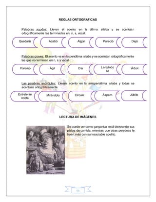 11
REGLAS ORTOGRAFICAS
Palabras agudas: Llevan el acento en la última silaba y se acentúan
ortográficamente las terminadas en: n, s, vocal.
Palabras graves: El acento va en la penúltima silaba y se acentúan ortográficamente
las que no terminan en n, s y vocal
Las palabras esdrújulas: Llevan acento en la antepenúltima silaba y todas se
acentúan ortográficamente
LECTURA DE IMÁGENES
Se puede ver como gargantua está devorando sus
platos de comida, mientras que otras personas le
traen más con su insaciable apetito.
Quedaría Acabó Algún Pareció Dejó
Paraíso Ágil Día ÁrbolLanzándo
se
Entretenié
ndote
Mirándolo Círculo Áspero Júbilo
 