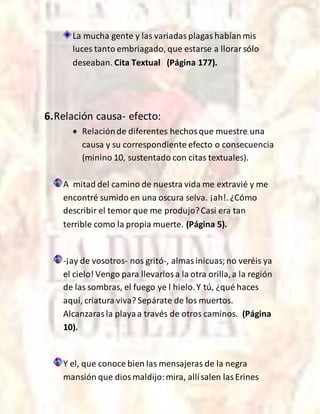 La mucha gente y las variadasplagashabíanmis
luces tanto embriagado, que estarse a llorarsólo
deseaban. Cita Textual (Página 177).
6.Relación causa- efecto:
 Relaciónde diferentes hechosque muestre una
causa y su correspondiente efecto o consecuencia
(minino 10, sustentado con citas textuales).
A mitad del camino de nuestra vida me extravié y me
encontré sumido en una oscura selva. ¡ah!. ¿Cómo
describir el temor que me produjo?Casi era tan
terrible como la propia muerte. (Página 5).
-¡ay de vosotros- nos gritó-, almasinicuas;no veréis ya
el cielo! Vengo para llevarlosa la otra orilla,a la región
de las sombras, el fuego ye l hielo.Y tú, ¿qué haces
aquí, criatura viva? Sepárate de los muertos.
Alcanzarasla playaa través de otros caminos. (Página
10).
Y el, que conoce bien las mensajeras de la negra
mansión que diosmaldijo:mira, allísalen lasErines
 