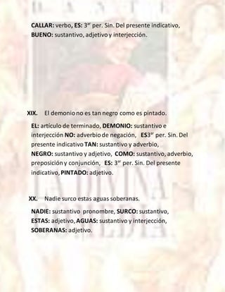 CALLAR: verbo, ES: 3ar
per. Sin. Del presente indicativo,
BUENO: sustantivo, adjetivoy interjección.
XIX. El demoniono es tan negro como es pintado.
EL: artículo de terminado, DEMONIO: sustantivo e
interjección NO: adverbiode negación, ES3ar
per. Sin. Del
presente indicativo TAN: sustantivo y adverbio,
NEGRO: sustantivo y adjetivo, COMO: sustantivo, adverbio,
preposicióny conjunción, ES: 3ar
per. Sin. Del presente
indicativo,PINTADO: adjetivo.
XX. Nadie surco estas aguas soberanas.
NADIE: sustantivo pronombre, SURCO: sustantivo,
ESTAS: adjetivo,AGUAS: sustantivo y interjección,
SOBERANAS: adjetivo.
 