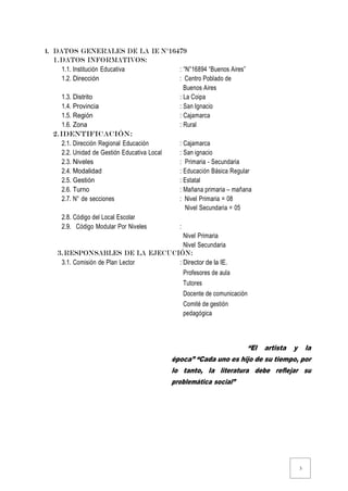 3
I. DATOS GENERALES DE LA IE N°16479
1.DATOS INFORMATIVOS:
1.1. Institución Educativa : “N°16894 “Buenos Aires”
1.2. Dirección : Centro Poblado de
Buenos Aires
1.3. Distrito : La Coipa
1.4. Provincia : San Ignacio
1.5. Región : Cajamarca
1.6. Zona : Rural
2.IDENTIFICACIÓN:
2.1. Dirección Regional Educación : Cajamarca
2.2. Unidad de Gestión Educativa Local : San ignacio
2.3. Niveles : Primaria - Secundaria
2.4. Modalidad : Educación Básica Regular
2.5. Gestión : Estatal
2.6. Turno : Mañana primaria – mañana
2.7. N° de secciones : Nivel Primaria = 08
Nivel Secundaria = 05
2.8. Código del Local Escolar
2.9. Código Modular Por Niveles :
Nivel Primaria
Nivel Secundaria
3.RESPONSABLES DE LA EJECUCIÓN:
3.1. Comisión de Plan Lector : Director de la IE.
Profesores de aula
Tutores
Docente de comunicación
Comité de gestión
pedagógica
“El artista y la
época” “Cada uno es hijo de su tiempo, por
lo tanto, la literatura debe reflejar su
problemática social”
 